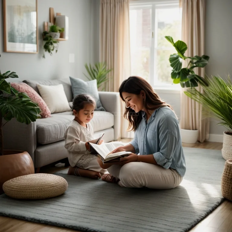 Child smiling with babysitter reading a bedtime story